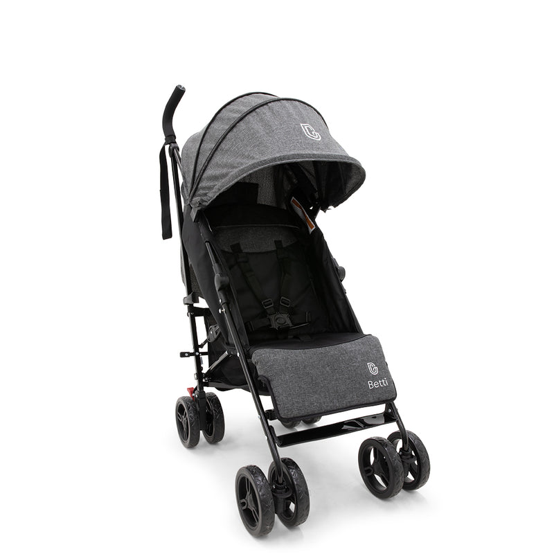 A gray Betti Gran stroller with an extendable canopy and a 5-point harness, featuring a fully reclining seat and adjustable footrest.